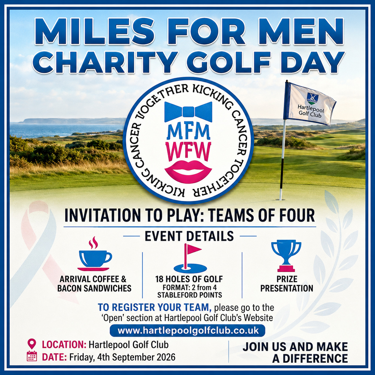 Miles For Men Charity Golf Day — Invitation to Play, Teams of Four, Hartlepool Golf Club, Friday 4th September 2026